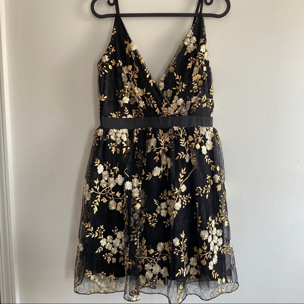 Express Floral Gold Lace Black Dress